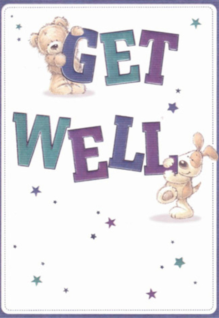 Bathed in soft optimism, this get well card is a nod to the resilience and kindness found throughout Colney Hatch. An affectionate bear, rendered in warm, inviting tones, and an exuberant puppy with floppy ears and open eyes are shown surrounded by dancing, star-shaped bursts-each like a wish carried from the leafier paths of New Southgate. The oversized 'Get Well' text is confidently styled in rich amethyst and teal, grounding the composition with cheerful reassurance and recalling the colourful displays often spotted in local shop windows. The visual textures are inviting-the bear's plush fur and the puppy's velvety coat almost tangible-even as the clean, creamy background keeps the mood light and fresh. It's easy to imagine this card tucked beside a vase of flowers for delivery to nearby families by Colney Hatch Florist. The entire scene radiates heartfelt positivity and care, perfect for anyone needing a gentle nudge towards better days.